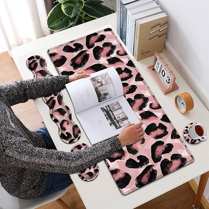 Extended Gaming Mouse Pad 31.5x11.8 Big Desk Mat Ergonomic Memory Foam Keyboard Wrist Rest Support for Home Laptop Office Desk Pad with Non-Slip BaseAbstract Pink Leopard Print Large Mouse Pad