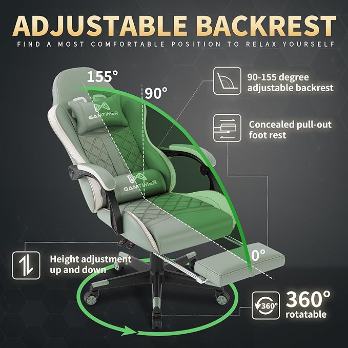 Gaming Chair 400 lbs Adult Chair High Back Computer Chair with Footrest and Linked Armrests Office Video Game Chair with Lumbar Support (Green)