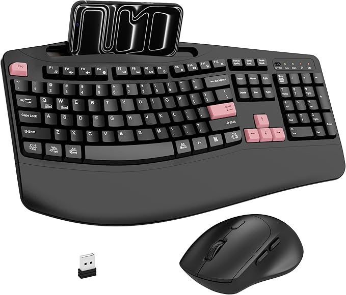 Wireless Keyboard and Mouse Combo 2.4G Full Size Wave Keys Ergonomic Keyboard with Wrist Rest Phone Holder 3-Level DPI Wireless Silent Mouse with 6-Buttons for Windows (Pink)