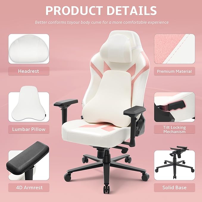 Ergonomic Gaming Chair Computer Desk Chairs 4D Armrests High Back Office Chair with Headrest &amp Lumbar Pillow Tilt Rocker Recliner Heavy-Duty Base White PU Leather &amp Pink Suede Comb