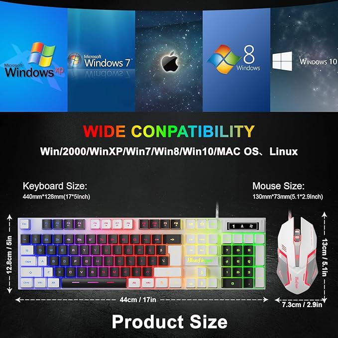 BlueFinger RGB Gaming Keyboard and Backlit Mouse Combo USB Wired LED Gaming Set for Laptop PC Computer Game and Work (White &amp Black)