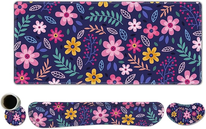 ToLuLu Extended Gaming Mouse Pad Memory Foam Ergonomic Keyboard Mouse Wrist Rest Support Set Large Desk Mat with Stitched Edges Non-Slip Base Mousepad for Home Office Game Study Purple Flowers