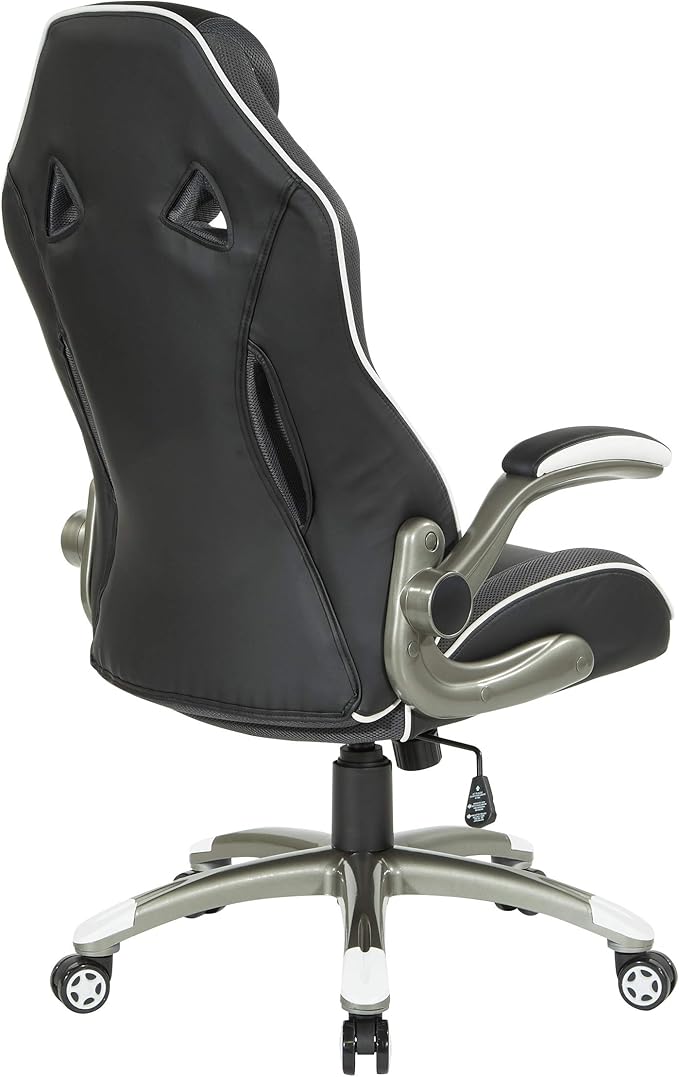 OSP Home Furnishings Xplorer 51 Ergonomic Adjustable High Back Gaming Chair with Lumbar Support and Padded Flip Arms Black Faux Leather with White Trim