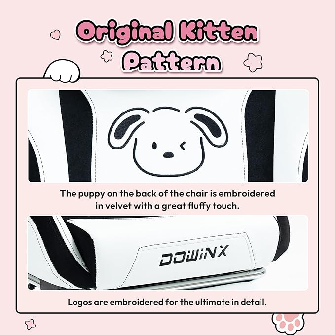 Dowinx Gaming Chair Cute with Plush Doggy and Massage Lumbar Support Ergonomic Computer Chair for Girl with Footrest and Headrest Comfortable Game Chair 290lbs for Adult Teen Black and White