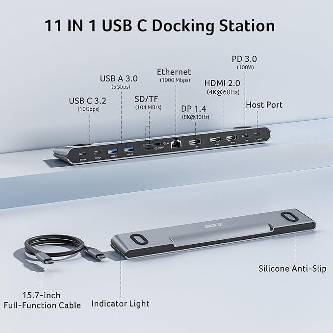 Acer Docking Station 3 Monitors 11-in-1 Laptop Docking Station Stand with DP 8K + Dual HDMI 4K@60Hz Ethernet 10Gbps Data 100W PD SD/TF USB C Dock with Detachable Cable for Acer/Dell/Mac/HP