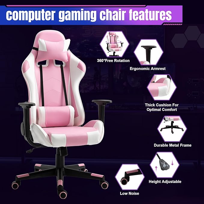 DIKEP Gaming Chair Recliner Gaming Chair with Footrest and Lumbar Support PU Leather Computer Desk Chair Height Adjustable with 360° Swivel Seat and Headrest for Adults - Pink &amp White
