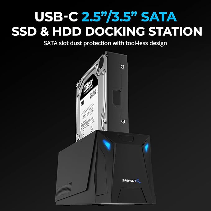 SABRENT USB-C Hard Drive Docking Station 2.5/3.5 Inch SATA SSD &amp HDD Tool Free 10Gbps Docking Station Hot Swappable Supports 20TB Drives for Windows and Mac (DS-UC1B)