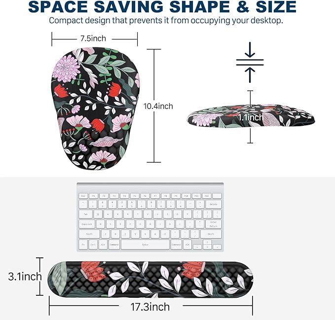 Ergonomic Mouse Pad and Keyboard Wrist Rest with Massage Design Space-Saving Mouse Pad Wrist Support Memory Foam Wrist Rest with Non-Slip PU Base for Computer Desk Multiflora