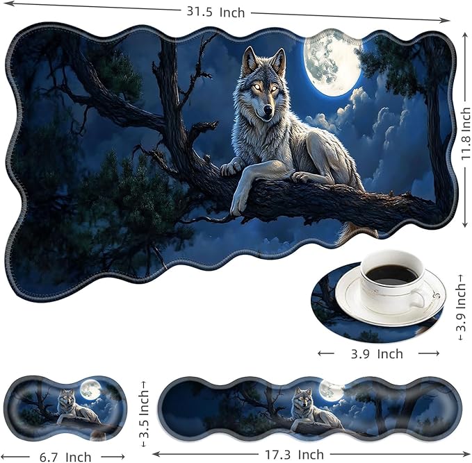 Large Mouse Pad and Keyboard Wrist Rest Desk Pad for Keyboard and Mouse 4-in-1 Large Gaming Mouse Pad with Wrist Support Desk Mat for Home Office Study Game-Wolf in The Moonlight