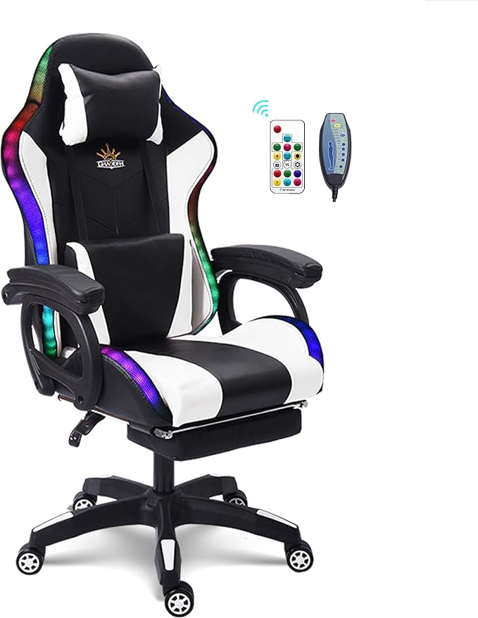 Ergonomic Massage Gaming Chair Office Chair with Lumbar Support and Footrest Video Gaming Chair with RGB Lights and Speakers Adjustable Linkage Armrests and Backrest PC ChairWhite
