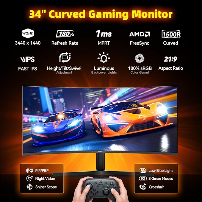34 Inch Ultrawide Gaming Monitor - 21:9 WQHD 3440 x 1440 R1500 Curved Computer Monitor for Gamer 180Hz 1ms AMD FreeSync PIP/PBP Crosshair TÜV Eye Care HDMI 2.0 &amp DP1.4 Tilt/Height/Swivel Stand