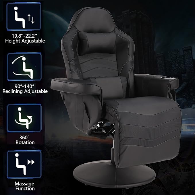 Gaming Chairs for Adults Reclining Gaming Chair with Footrest Massage Video Gaming Recliner Chair w/Adjustable Height Swivel Game Chair with Lumbar Support Side Pouch