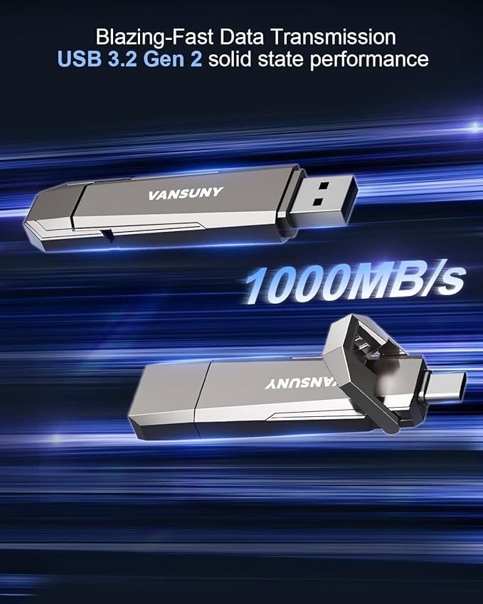 Vansuny 512GB USB Solid State Drive Up to 1000MB/s 3.2 Gen 2 Dual SSD USB A + Type C Portable External SSD for Android Phone Tablet Laptop MacBook PC