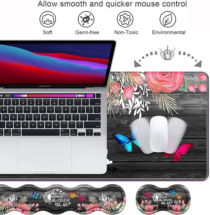 Ergonomic Keyboard Wrist Rest and Mouse Pad Wrist Rest Set Large XXL Gaming Desk Mat 31.5x 11.8Non-Slip Base Memory FoamEasy Typing Pain Relief Floral Quote She Believed She Could So She Did