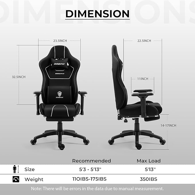Dowinx Gaming Chair with Massage Lumbar Support Footrest Fabric Computer Gamer Chair with Pocket Spring Cushion Adjustable Comfortable Game Office Chair 300lbs for Adult Teens Black