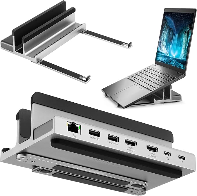 7 Port USB-C 14” Laptop Stand with Dual Display Docking Station Tablet Holder Hub Vertical Storage Desk Organizer/HDMI 8K30Hz USB-A 5Gbps Ethernet 1Gbps 100W Power Delivery Space Gray