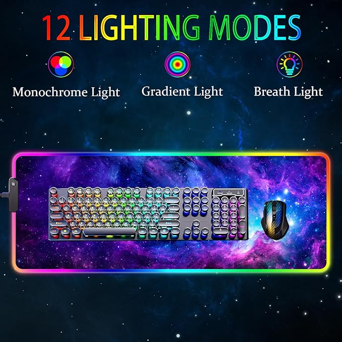 RGB Gaming Mouse Pad Large Mousepad with Led Light Gaming Accessories Keyboard Pad for Desk Non-Slip Rubber Base Big Mouse Mat for Gamer 31.5 X 11.8 Inch Purple Galaxy