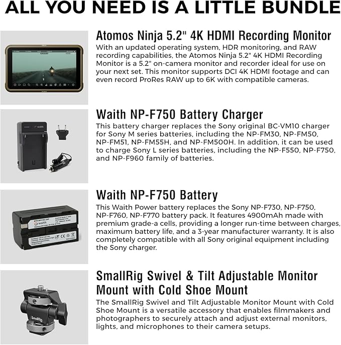 Atomos Ninja 5.2 Touchscreen Display 4K HDMI Recording Monitor with Waith Power Battery + Charger Combo (NP-F750) Swivel and Tilt Adjustable Monitor Mount Bundle Set