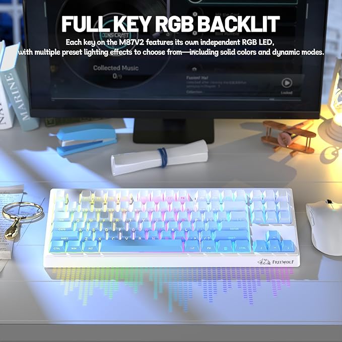 M87V2 87 Keys Membrane Gaming Wireless Keyboard80% TKL Layout Side Printed Keys Retro Cute CreamyRGB Backlit 4000mAh 2.4G/BT/Wired Computer Silent Keyboard for MAC PC- Gradient Blue