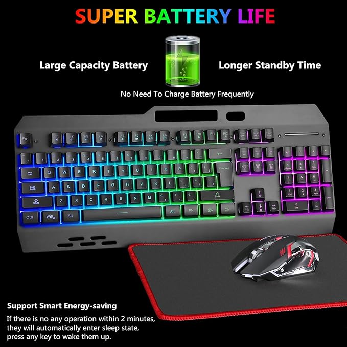 Wireless RGB Gaming Keyboard and Mouse - Rechargeable BacklitLong Battery LifeMetal Panel Mechanical Feel with Palm Rest7 Color Gaming Mouse and Mouse Pad for Game and Work