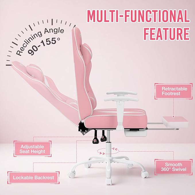 HOFFREE Massage Gaming Chair with Pocket Spring Cushion 155° Reclining Computer Gamer Chair with Footrest and Adjustable Armrests Ergonomic Video Game Chairs Pink and White