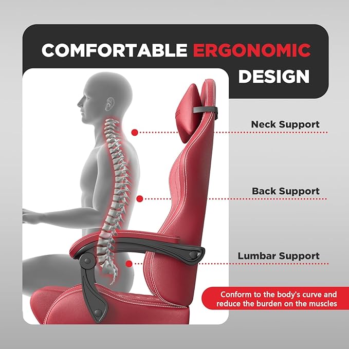 Ferghana Vintage PU Leather Gaming Chair Ergonomic Gamer Chair with Massage High Back Computer Office Chair with Footrest for Adults Racing Style Reclining Video Game Chair (Red)