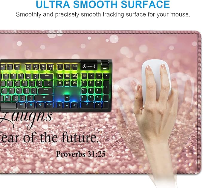 Keyboard Mouse Pad SetExtended Gaming Mouse Pad + Memory Foam Keyboard Wrist Rest Support Proverbs 31:25 Bible Pink Office Desk Mat Writing Pad Easy Typing Pain ReliefXXL Large Mousepad Desk Mat