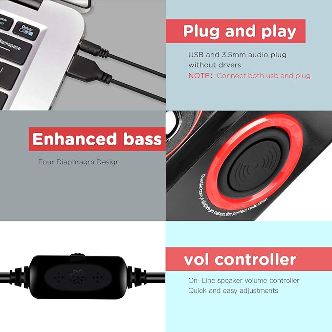 Computer Speakers 2.0 CH PC Speakers with Surround Sound USB Wired Laptop Speakers with Deep Bass for Desktop Computer/PC/Laptops/Smart Phone Build-in 4 Loudspeaker Diaphragm Reccazr SP2040|RED