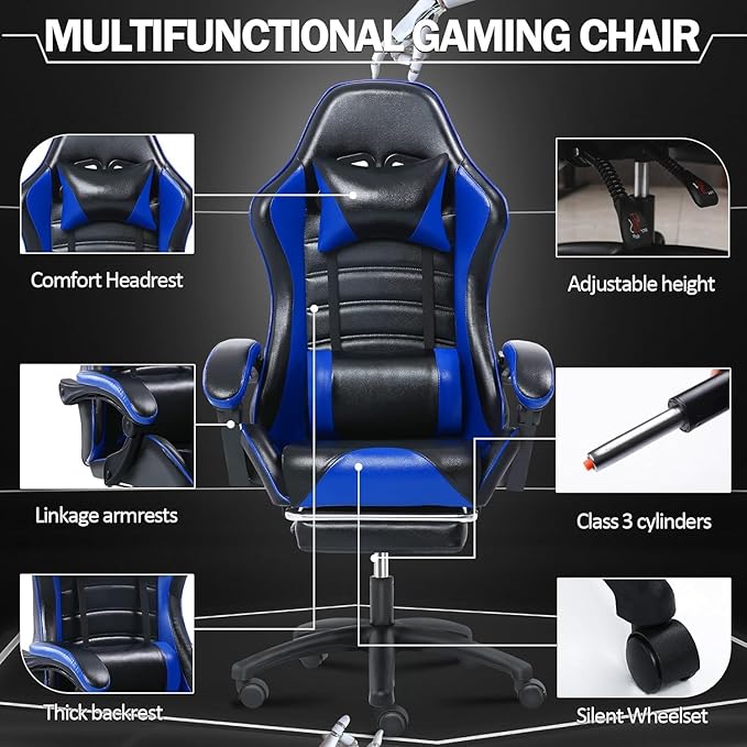 Gaming Chair - Premium Gaming Chairs for Adults Adjustable Video Game Chairs Comfy Gamer Chairs for Adults Uniquely Designed VTech Gaming Office Silla Gamer (Black+Blue)
