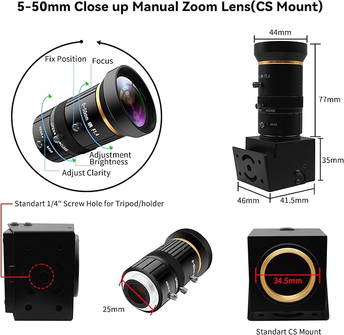 USB Webcam 5MP Color Industrial USB Camera with CS-Mount 5-50mm 10X Manual Zoom Lens – 1944P@30fps Plug-and-Play for PC Live Streaming Video Conferencing &amp Projects