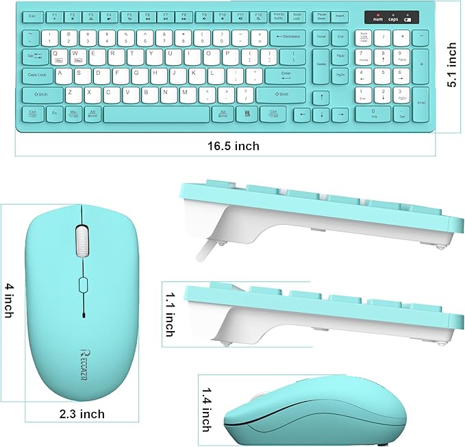 Wireless Keyboard and Mouse Combo Full-Sized Quiet Wireless Keyboard and Adjustable DPI Mouse 2.4GHz USB Receiver Keyboard and Mouse for PC Windows Desktop Laptop (Tiffany Blue and White-B)