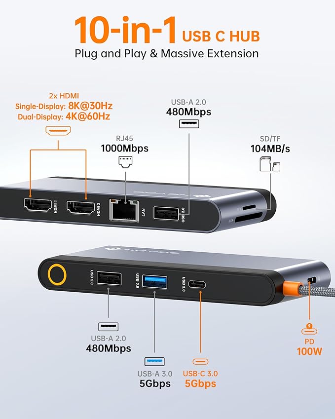 Novoo USB C Docking Station Dual HDMI Adapter 10 in 1 Multi Display 8K with 2 HDMI VGA 100W PD 3 USB TF Card USB-C 3.0 Hub Multiport Dongle Compatible with MacBook/Dell/HP/Lenovo Surface Laptops