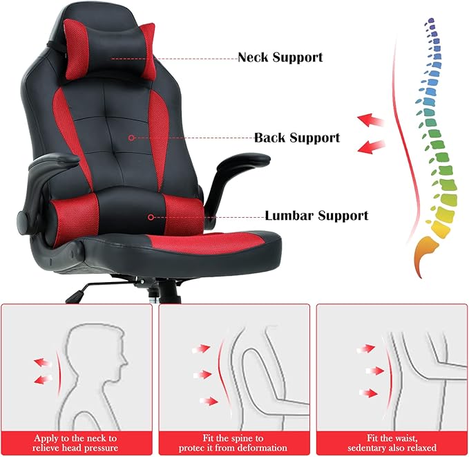 PC Gaming Chair Ergonomic Computer Chair High Back Office Chair with Lumbar Support&amp Headrest Adjustable Task Rolling Swivel Executive Desk Chair Racing Style Leather Gaming ChairRed