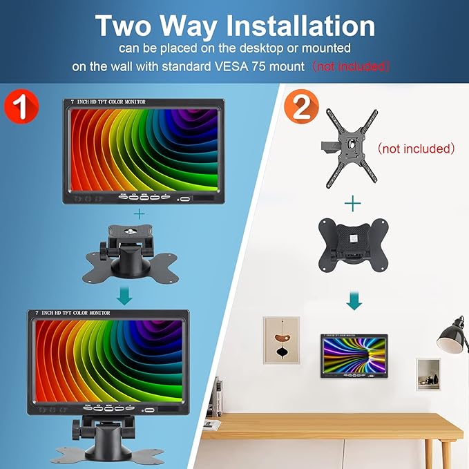 7 inch Portable Small HD 1080P VGA Monitor Mini Screen 1024x600 HDMI/VGA/AV Input with Speakers