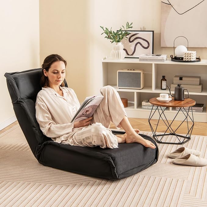 COSTWAY Folding Floor Chair Convertible Lazy Sofa with 14-Poistion Adjustable Backrest 5-Position Adjustable Headrest Cushioned Floor Gaming Chair for Adults Reading Meditating (Black)