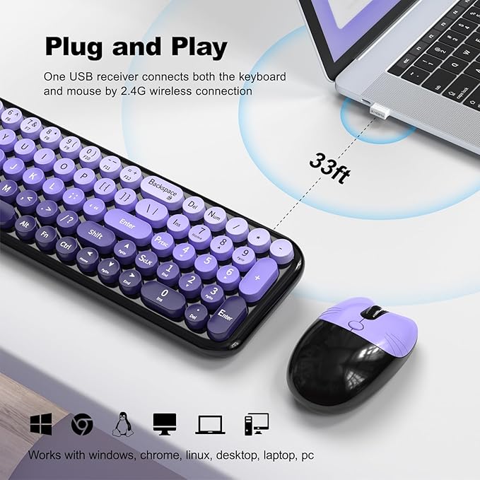 Wireless Keyboard and Mouse Combo MOWUX Compact Typewriter Retro Round Computer Keyboard Cute Optical Mouse Wireless Plug and Play for Laptop PC Computer- Black Purple Gradient