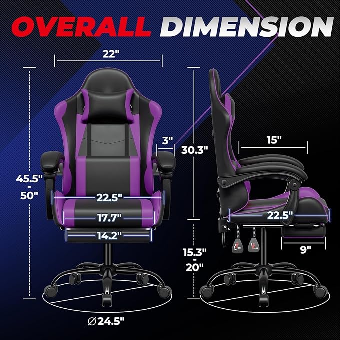 Auto Dynasty Ergonomic Gaming Chair High-Back Office Chair w/Adjustable Lumbar Support Linkage Armrest Headrest &amp Footrest 350LBS Recliner Swivel Computer Game Racing Chair Purple/Black