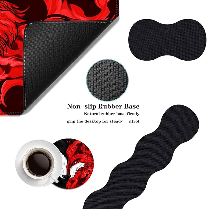 Mouse PadLarge Desk Mat Set 4in1 XL Mousepad + Keyboard Wrist Rest+Mouse Wrist Rest+Coaster with Ergonomic Desk Pad for Home Office Table Computer Cover -Wolf and Fox