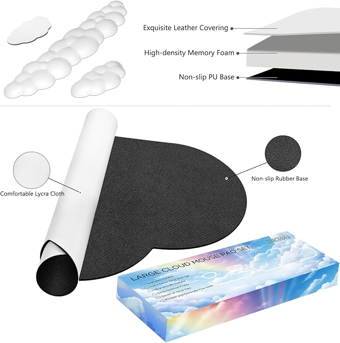 JIKIOU Large Cloud Mouse Pad Waterproof with Cloud Keyboard Wrist Pad and Cloud Mouse Wrist Pad Set Ergonomic Computer Desk Wrist Support Mousepad for Keyboard and Mouse White
