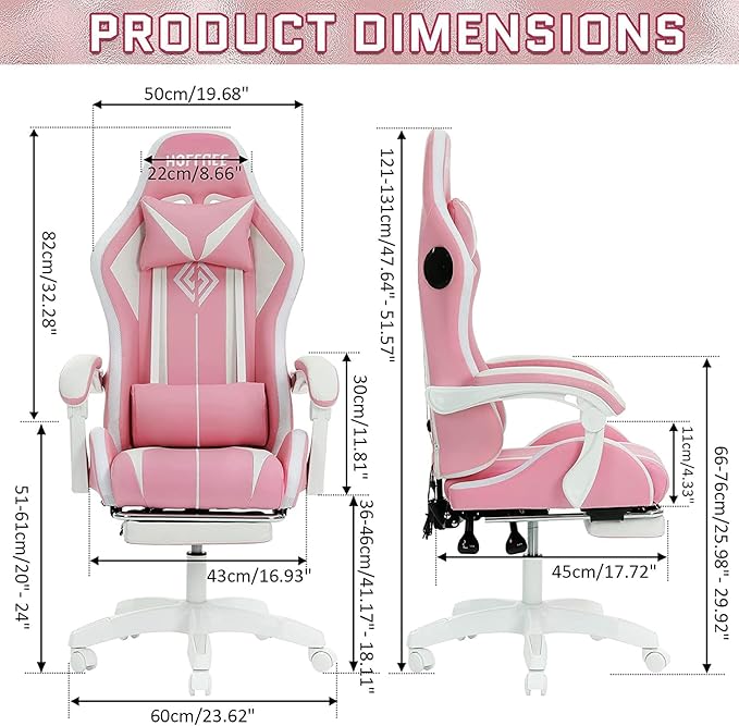 HOFFREE Pink Gaming Chair with Speakers and Led Lights Massage Video Game Chair with Footrest Reclining Computer Gaming Chair for Girls