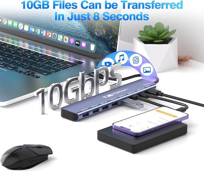 VEMONT 7-in-1 USB C Hub 10Gbps Aluminum Hub with 2 USB-C 3.2 USB-A 3.2 4 USB 3.0 Ports 100W PD Charging Compatible with MacBookfor iPad Laptop/Phones and More Device