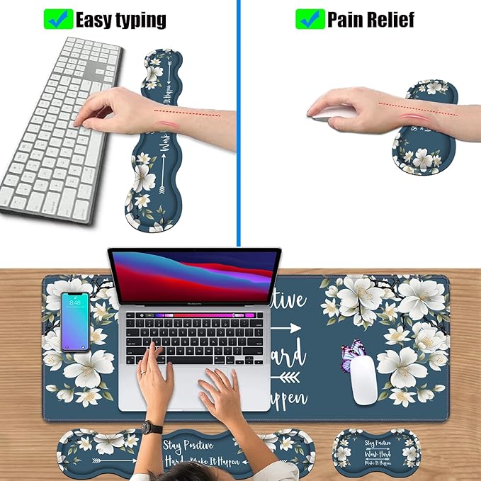 4 in 1 Ergonomic Keyboard Wrist Rest &amp Mouse Pad Wrist Rest SetStay Positive Work Hard and Make It Happen Inspirational Quote Large XXL Gaming Desk Mat with Non-Slip Base for Home Office Study Ga
