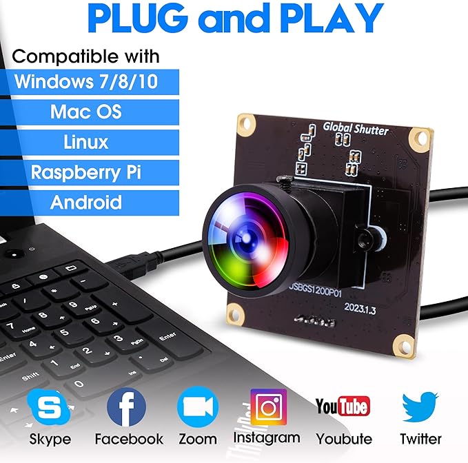 Global Shutter USB Camera 90fps High Speed Cam Module 120 Degree No Distortion Lens 1200P Golf Swing Industrial Embedded for Computer Jetson Nano Laptop Raspberry Pi