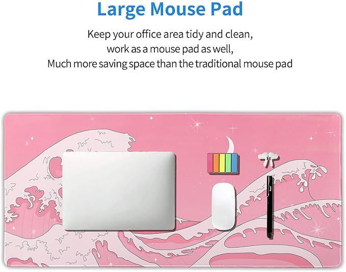 Pink Japanese Anime Gaming Mouse Pad XL Cute Kawaii Aesthetic Wave Extended Big Large Desk Mat Non-Slip Rubber Base Stitched Edge Long Keyboard Mousepad for PC Computer Laptop40x20 in100x50cm