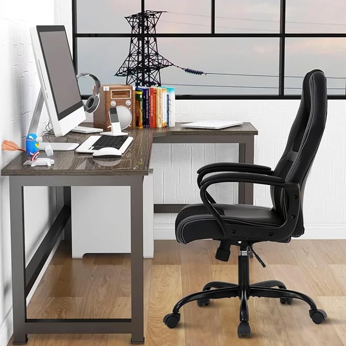 Executive PC Gaming Chair with Lumbar Support &amp Headrest - Ergonomic Leather Racer Task Chair for Home Office Gaming Room - Heavy Duty &amp Comfortable (Black)