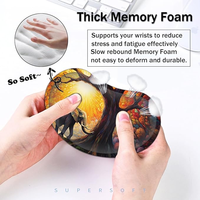 Large Mouse Pad with Mouse Wrist Rest 31.5x11.8 in Extended Mouse Mat Ergonomic Memory Foam Wrist Rest for Work &amp Gaming Writing Pad Colorful Tree of Life and Elephant Office Desk Pad