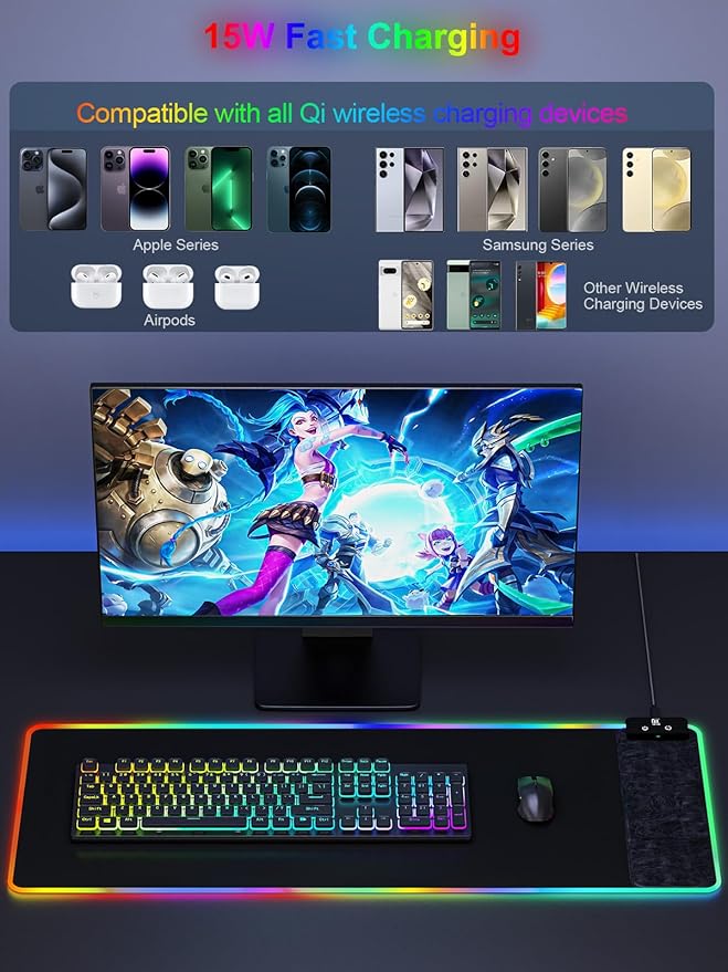 Mouse Pad with Wireless Charging Large Desk Mat RGB Gaming Mousepad 10 Light Colors LED Gaming Pad Keyboard Pad with Ultra-Smooth Surface &amp Non-Slip Rubber Base Waterproof Full Desk Mouse Pad