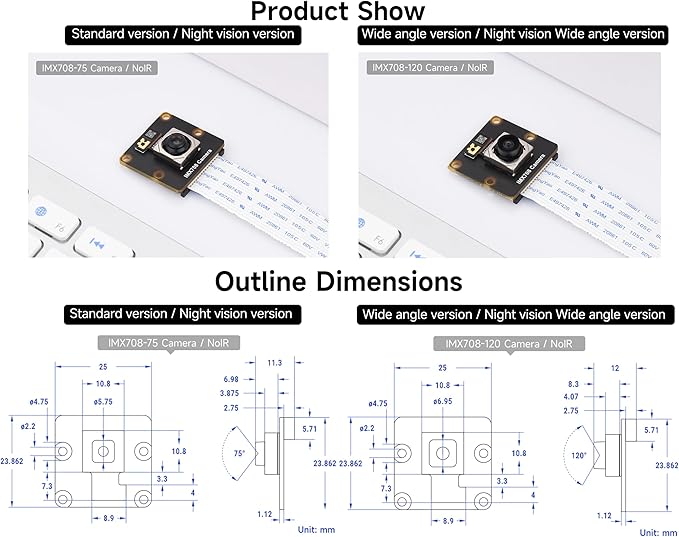 IMX708 12MP Camera Compatible with Raspberry Pi 5/4B/3B+/3A+/3B/2B/B+/A+Zero 2 W/Zero Auto-Focus 120° FOV Support High Dynamic Range (HDR) IMX708-120 Noir Night Vision