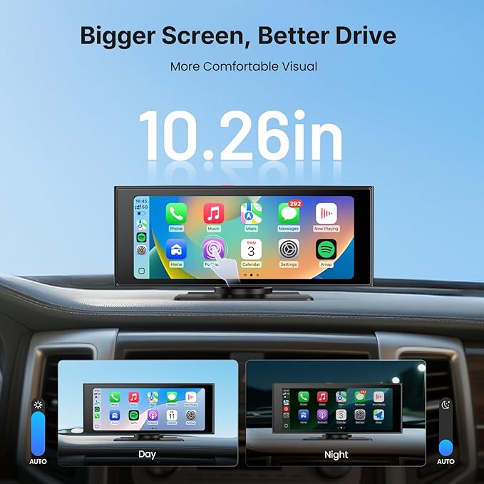 WonVon Wireless Car Play Screen 10.26'' Monitor with Apple Carplay &amp Android Auto 4K Dash Cam 64G 1080P Backup Camera Portable Smart Touch Tablet Stereo Multimedia Dashboard Bluetooth/FM/GPS/