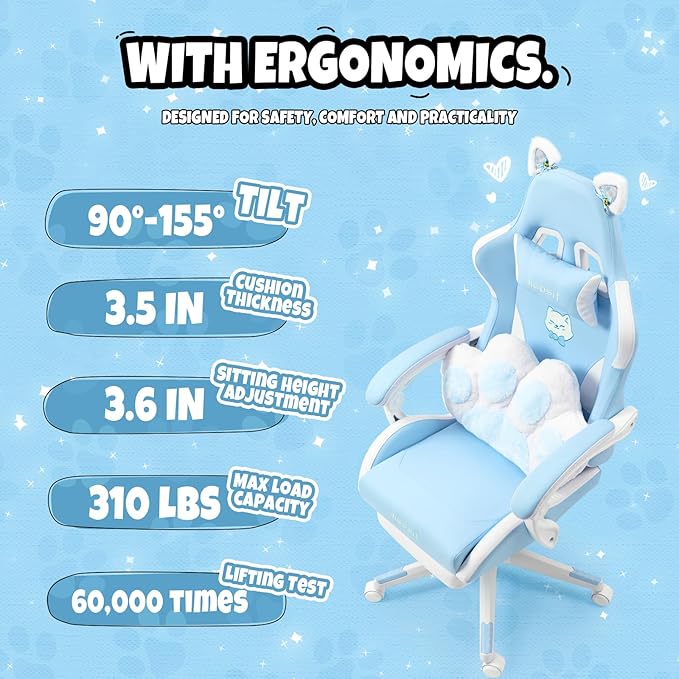 Cute Cat Ears Gaming Chair with Paw Lumbar Cushion High Back Computer Chair with Footrest 360° Swivel Height Adjustable Recliner Game Chair for Girls 300lbs (Blue)
